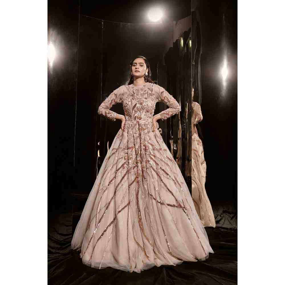 Masumi Mewawalla Nude Embroidered Gown