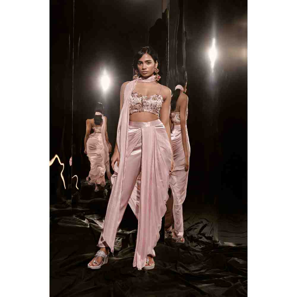 Masumi Mewawalla Rose Gold Embroidered Drape Pant with Blouse and Scarf (Set of 3)