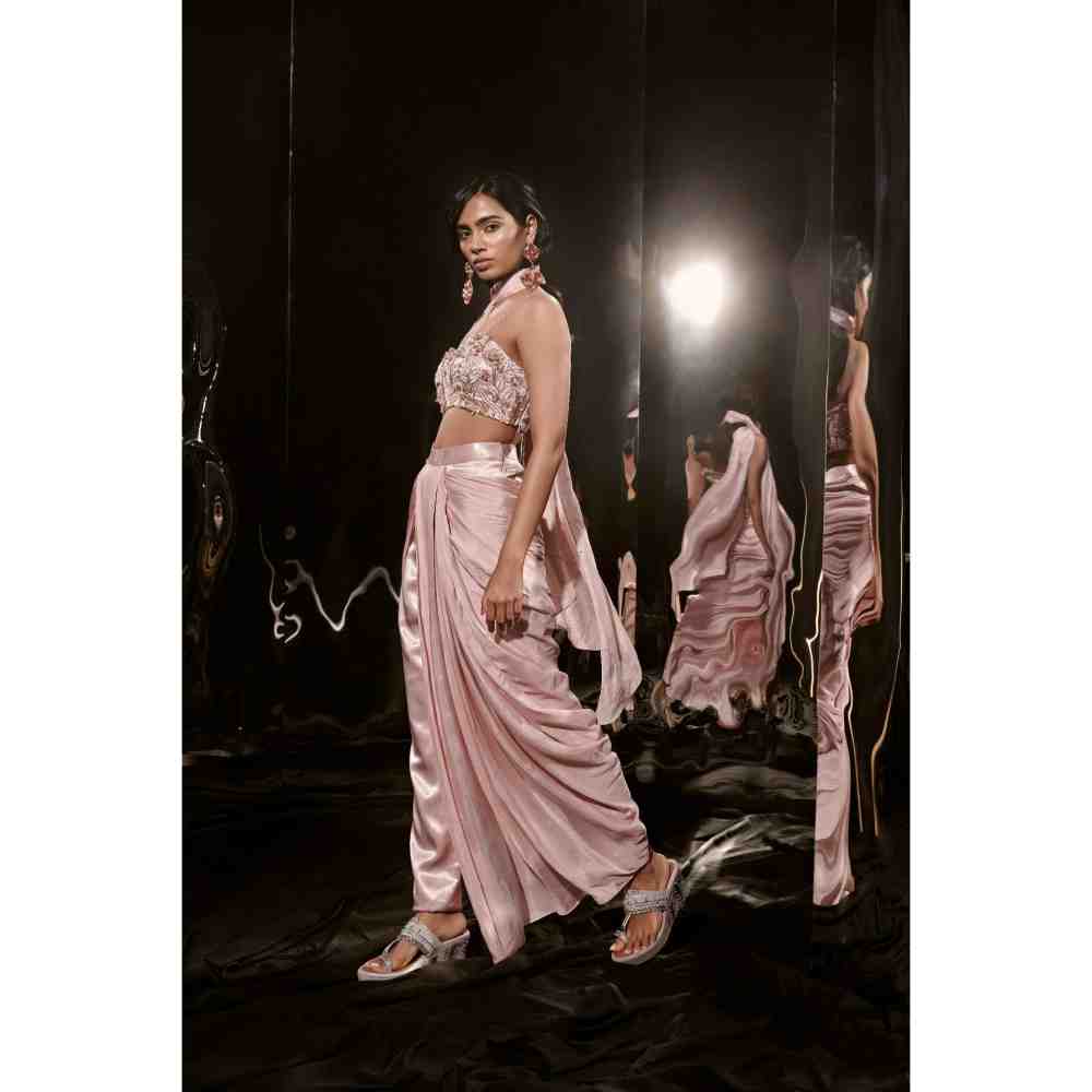 Masumi Mewawalla Rose Gold Embroidered Drape Pant with Blouse and Scarf (Set of 3)