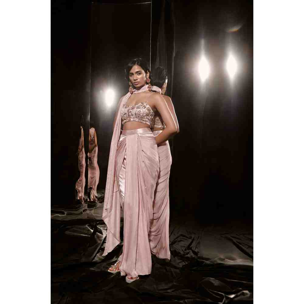 Masumi Mewawalla Rose Gold Embroidered Drape Pant with Blouse and Scarf (Set of 3)