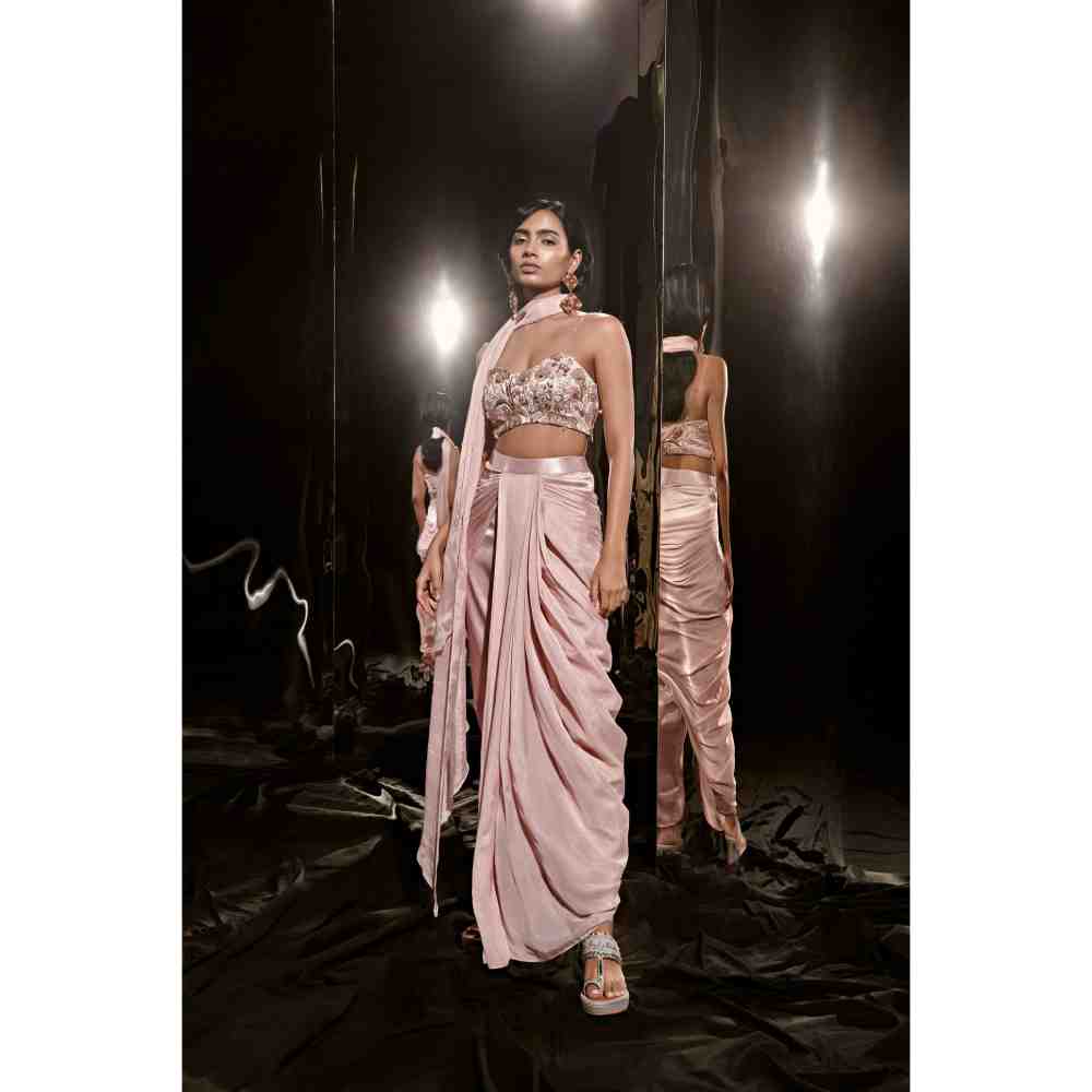 Masumi Mewawalla Rose Gold Embroidered Drape Pant with Blouse and Scarf (Set of 3)