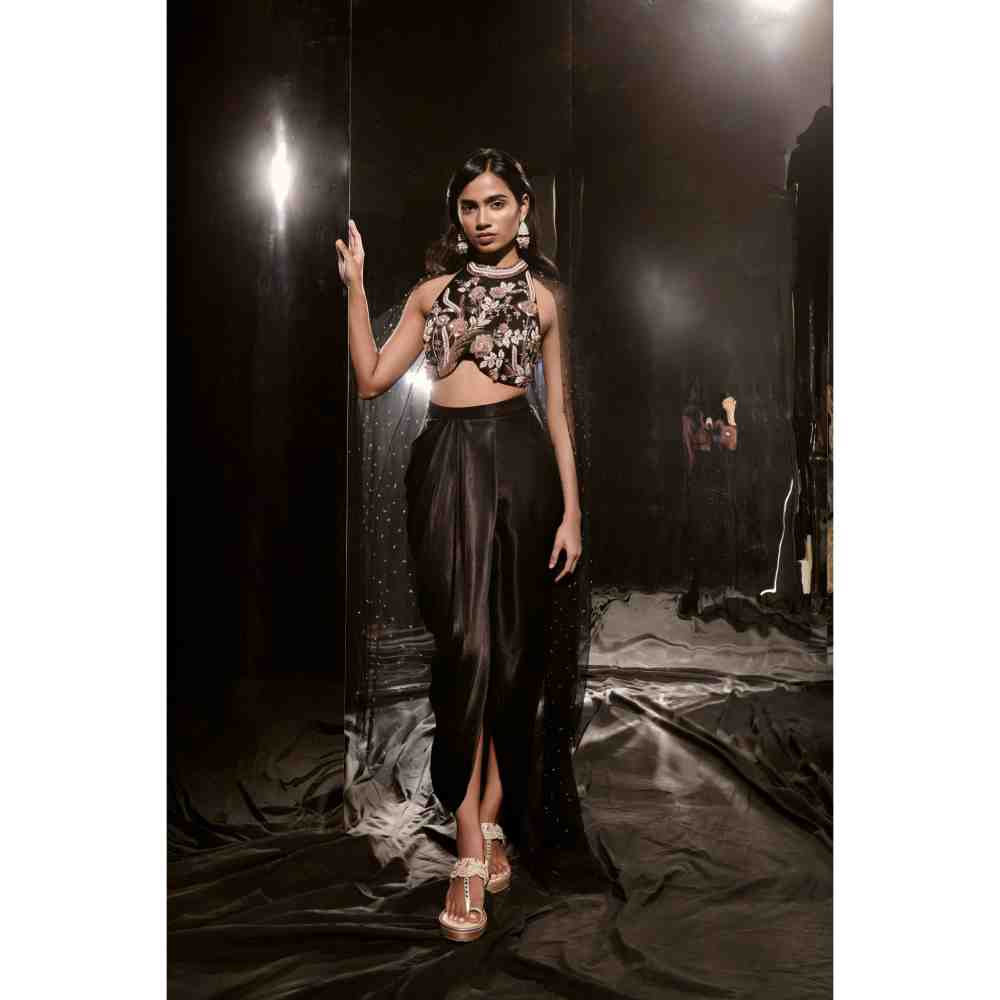 Masumi Mewawalla Black Embroidered Dhoti with Blouse and Cape (Set of 2)