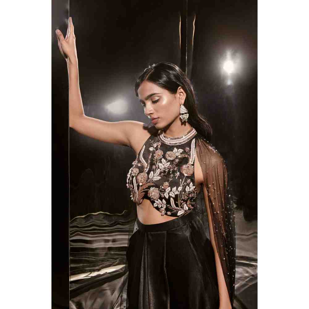 Masumi Mewawalla Black Embroidered Dhoti with Blouse and Cape (Set of 2)