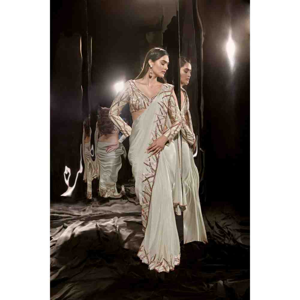 Masumi Mewawalla Sage Green Embroidered Saree with Stitched Blouse