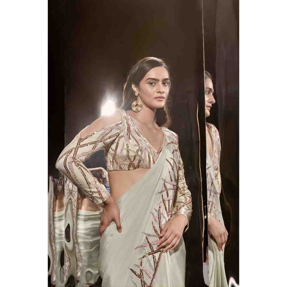 Masumi Mewawalla Sage Green Embroidered Saree with Stitched Blouse