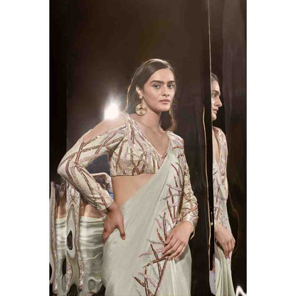 Masumi Mewawalla Sage Green Embroidered Saree with Stitched Blouse