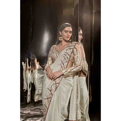 Masumi Mewawalla Sage Green Embroidered Saree with Stitched Blouse