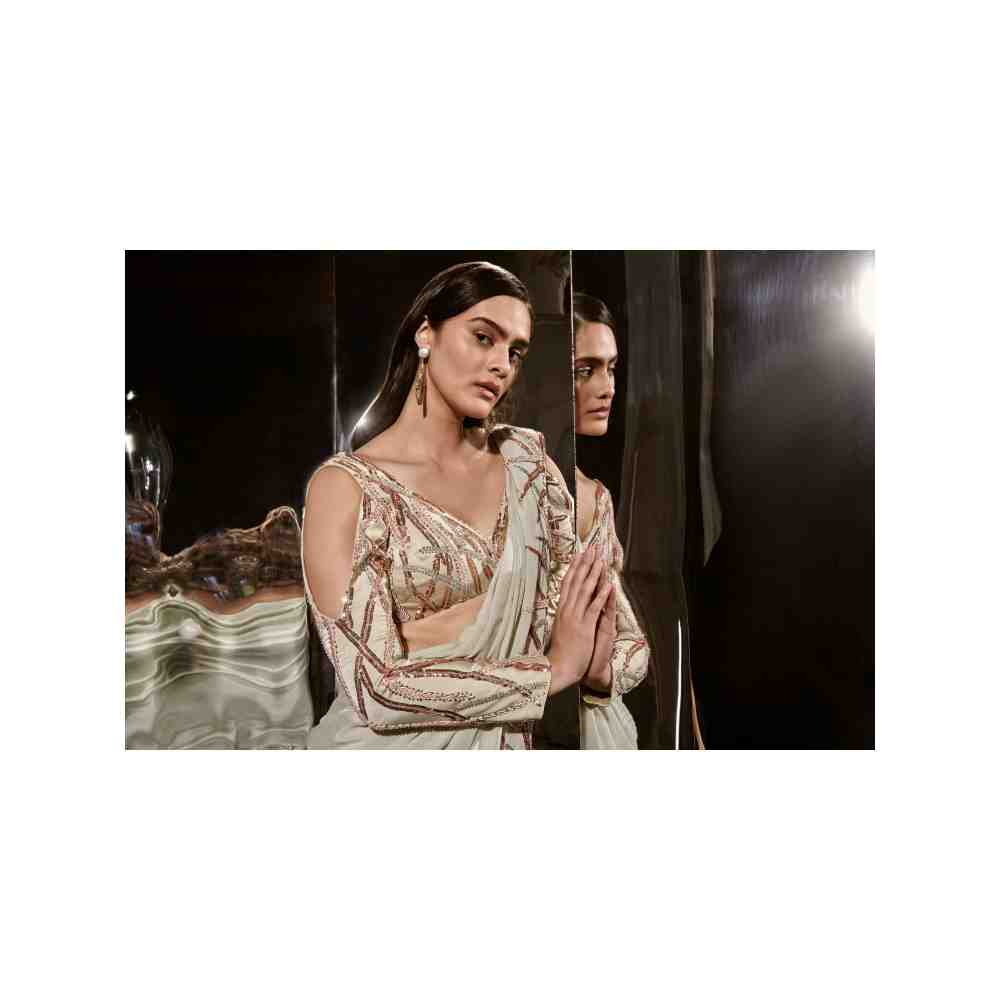 Masumi Mewawalla Sage Green Embroidered Saree with Stitched Blouse