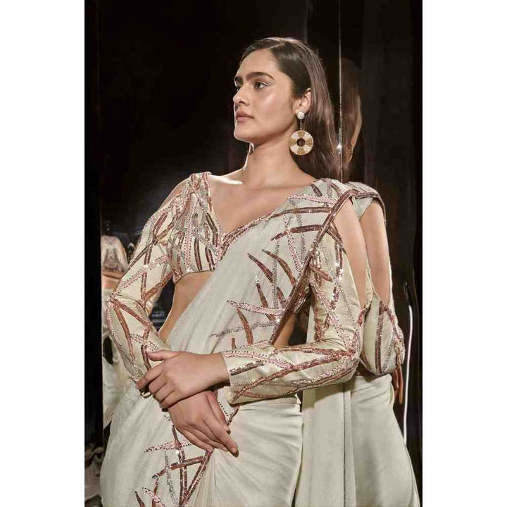 Masumi Mewawalla Sage Green Embroidered Saree with Stitched Blouse (XS)