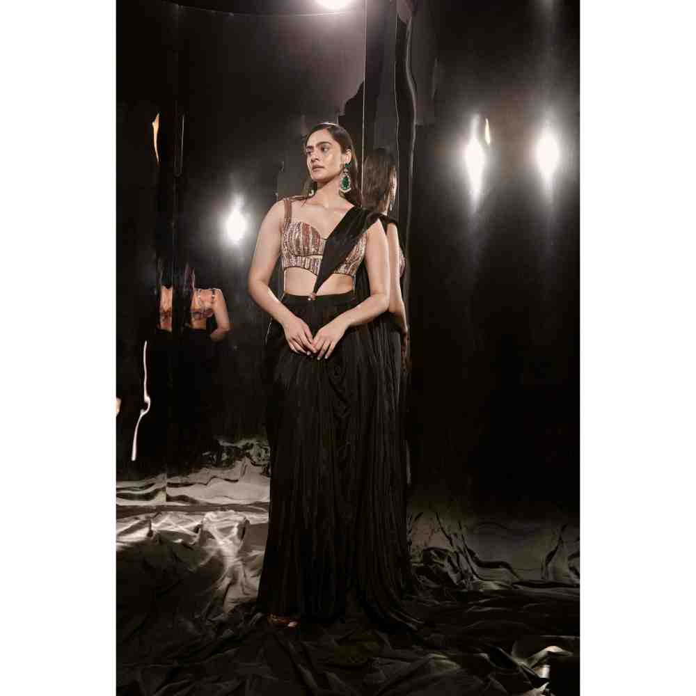 Masumi Mewawalla Black Embroidered Pre-Draped Saree with Corset Blouse (XS)
