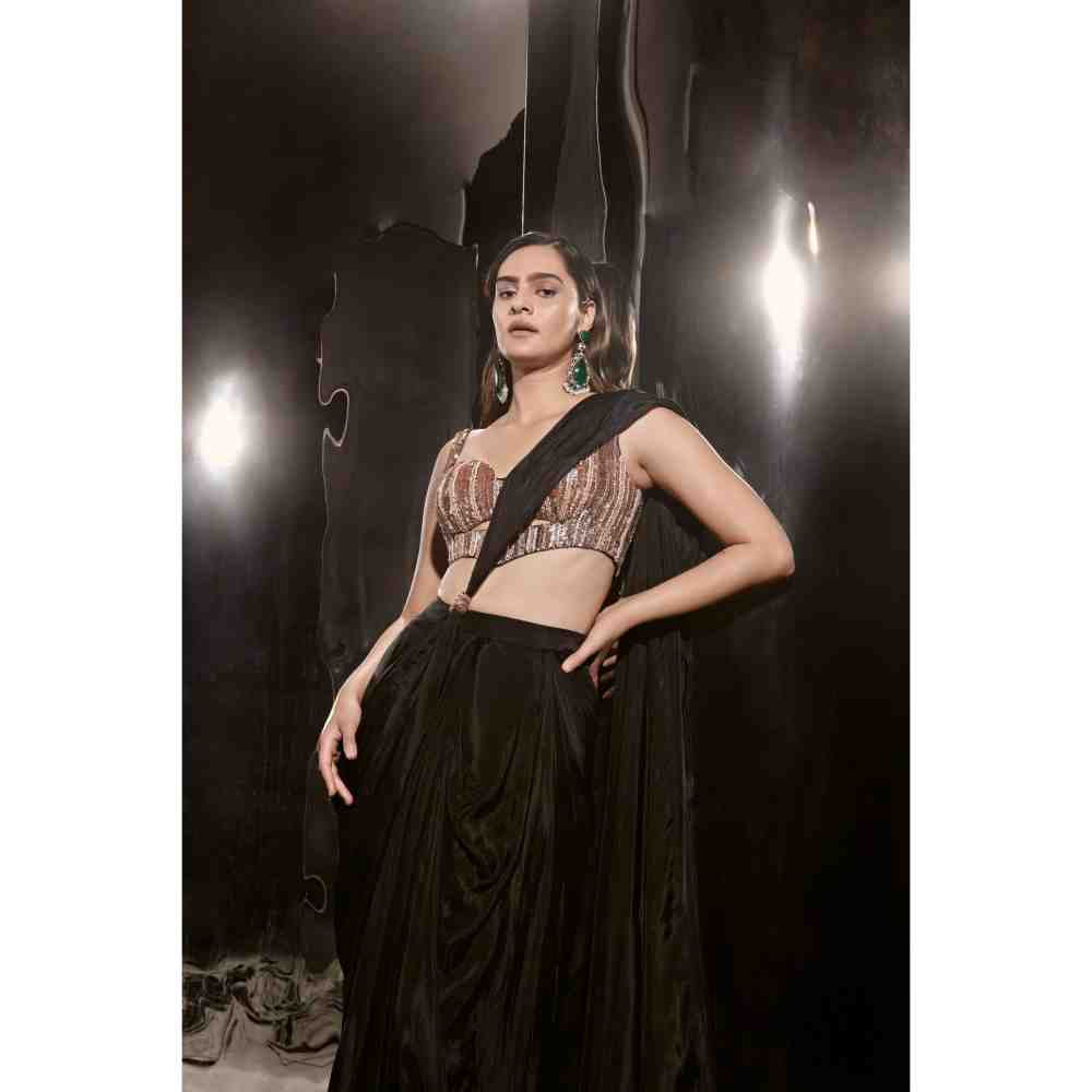 Masumi Mewawalla Black Embroidered Pre-Draped Saree with Corset Blouse
