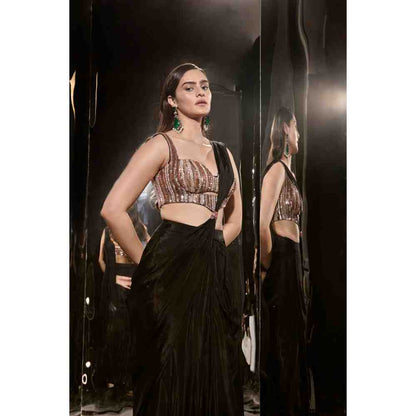 Masumi Mewawalla Black Embroidered Pre-Draped Saree with Corset Blouse