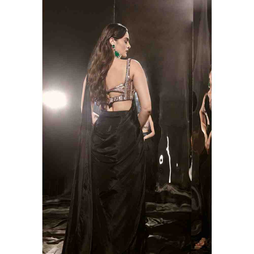 Masumi Mewawalla Black Embroidered Pre-Draped Saree with Corset Blouse (XS)