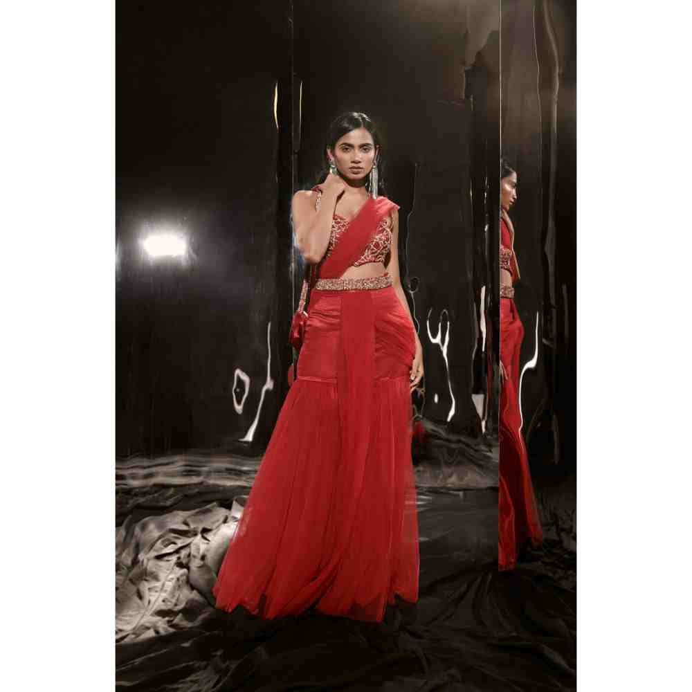 Masumi Mewawalla Red Embroidered Sharara Saree with Waist Belt and Bag and Stitched Blouse