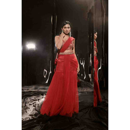 Masumi Mewawalla Red Embroidered Sharara Saree with Waist Belt and Bag and Stitched Blouse