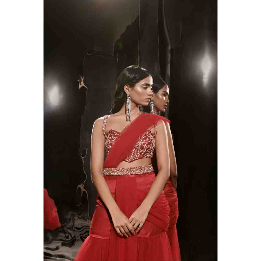 Masumi Mewawalla Red Embroidered Sharara Saree with Waist Belt and Bag and Stitched Blouse