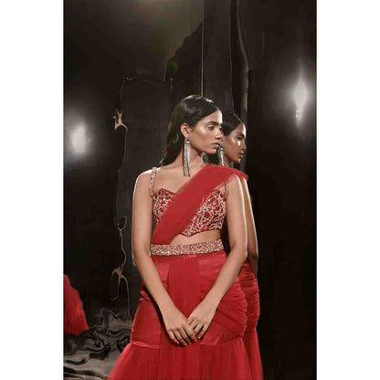 Masumi Mewawalla Red Embroidered Sharara Saree with Waist Belt and Bag and Stitched Blouse