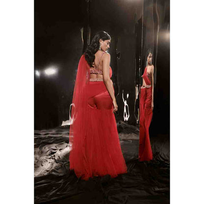 Masumi Mewawalla Red Embroidered Sharara Saree with Waist Belt and Bag and Stitched Blouse
