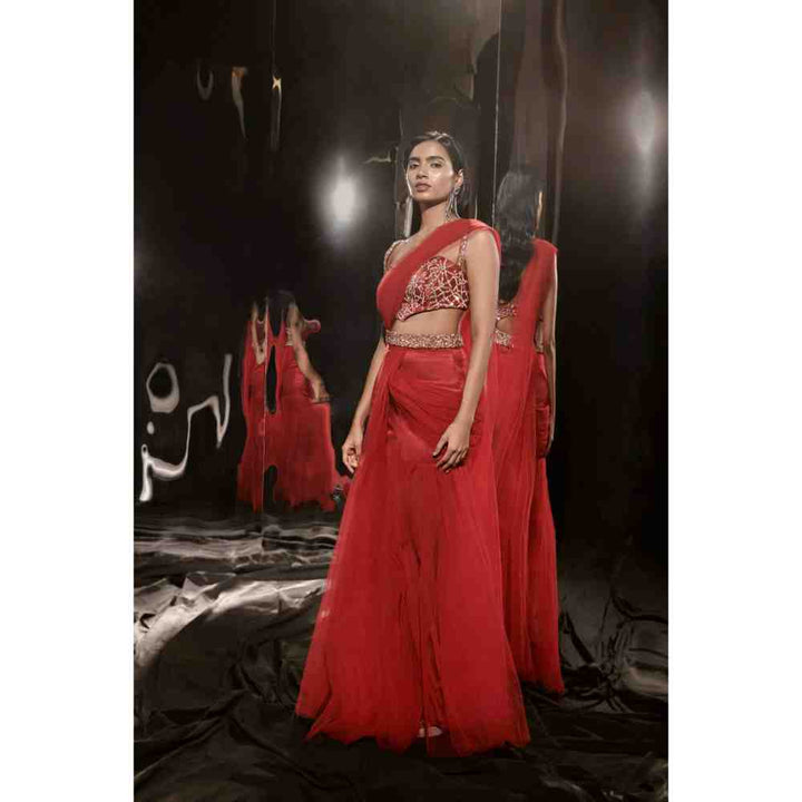 Masumi Mewawalla Red Embroidered Sharara Saree with Waist Belt and Bag and Stitched Blouse (XS)