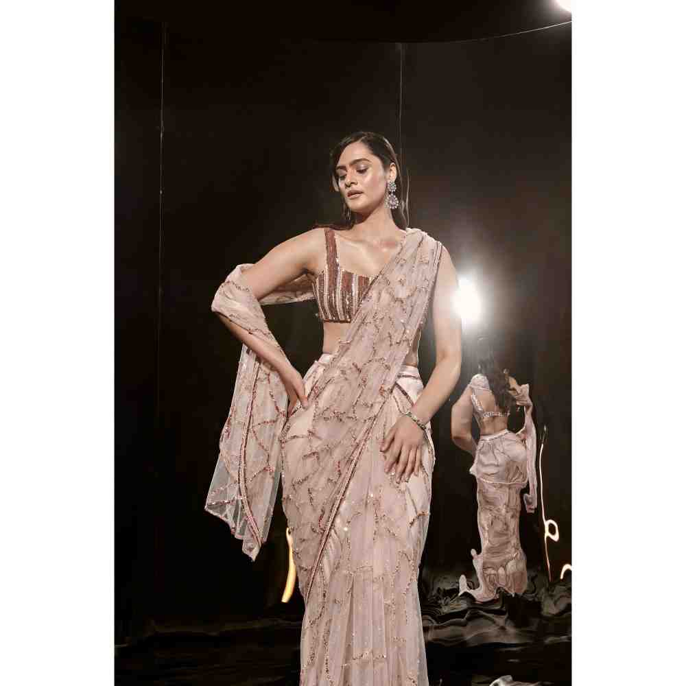 Masumi Mewawalla Pinkish Nude Embroidered Saree with Stitched Blouse (XS)