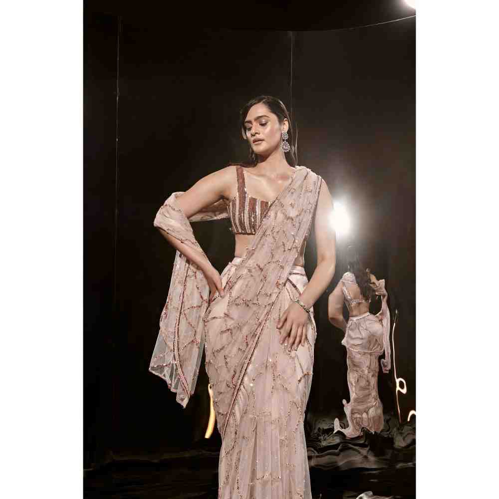 Masumi Mewawalla Pinkish Nude Embroidered Saree with Stitched Blouse