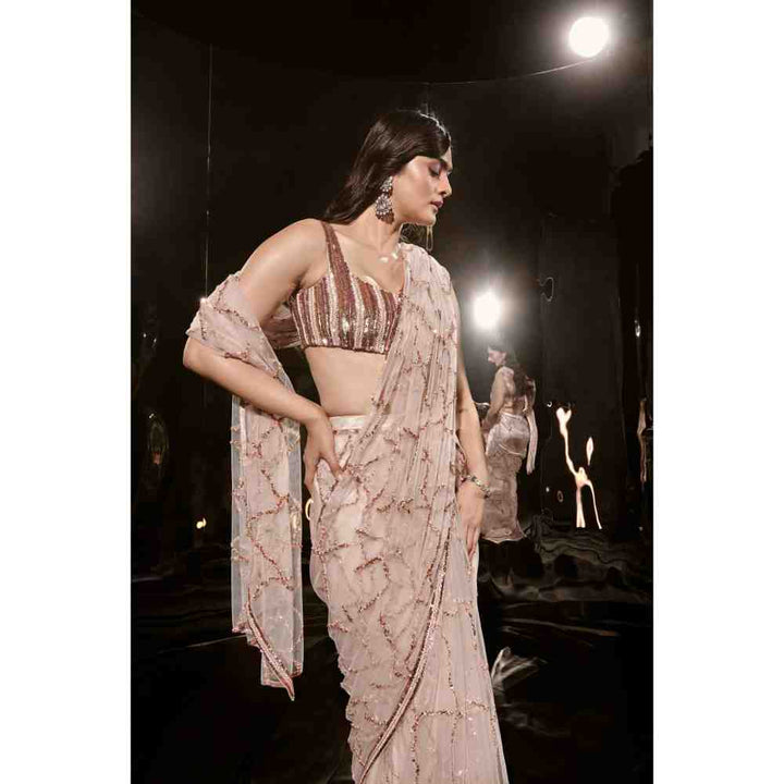 Masumi Mewawalla Pinkish Nude Embroidered Saree with Stitched Blouse (XS)