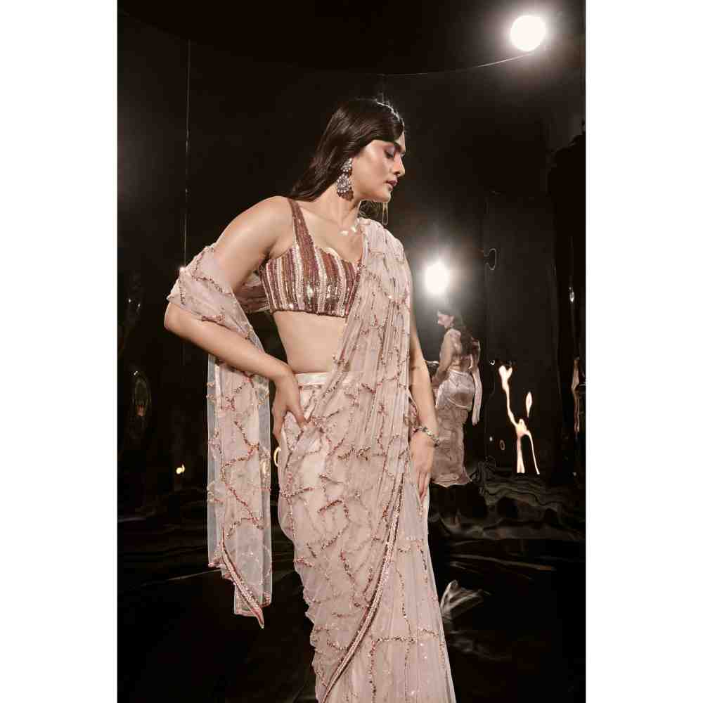 Masumi Mewawalla Pinkish Nude Embroidered Saree with Stitched Blouse
