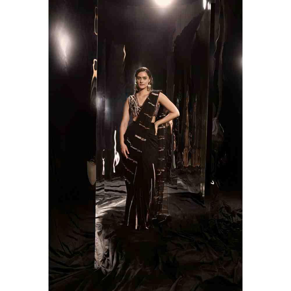 Masumi Mewawalla Black Pre-Draped Embroidered Saree with Sleeveless Blouse