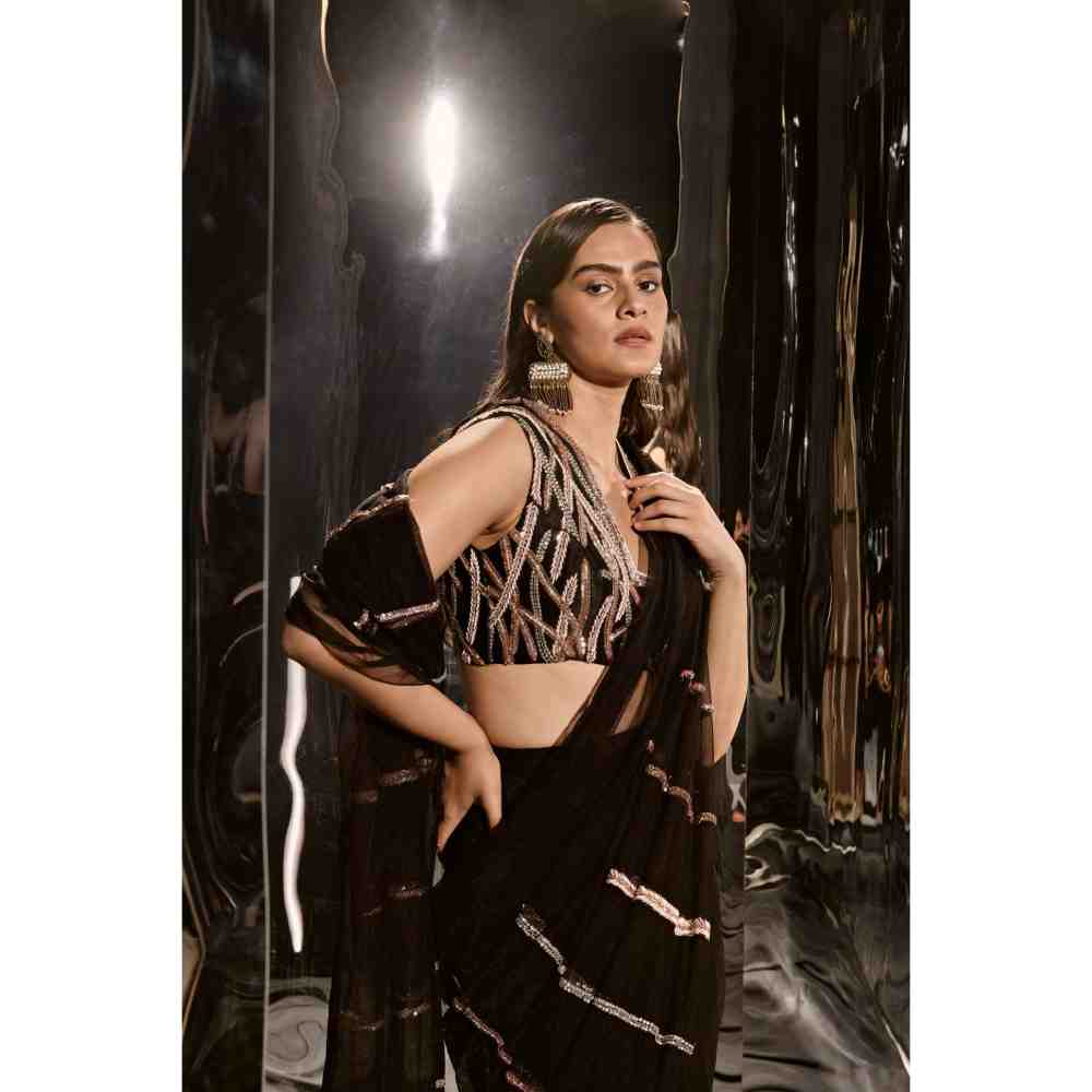 Masumi Mewawalla Black Pre-Draped Embroidered Saree with Sleeveless Blouse
