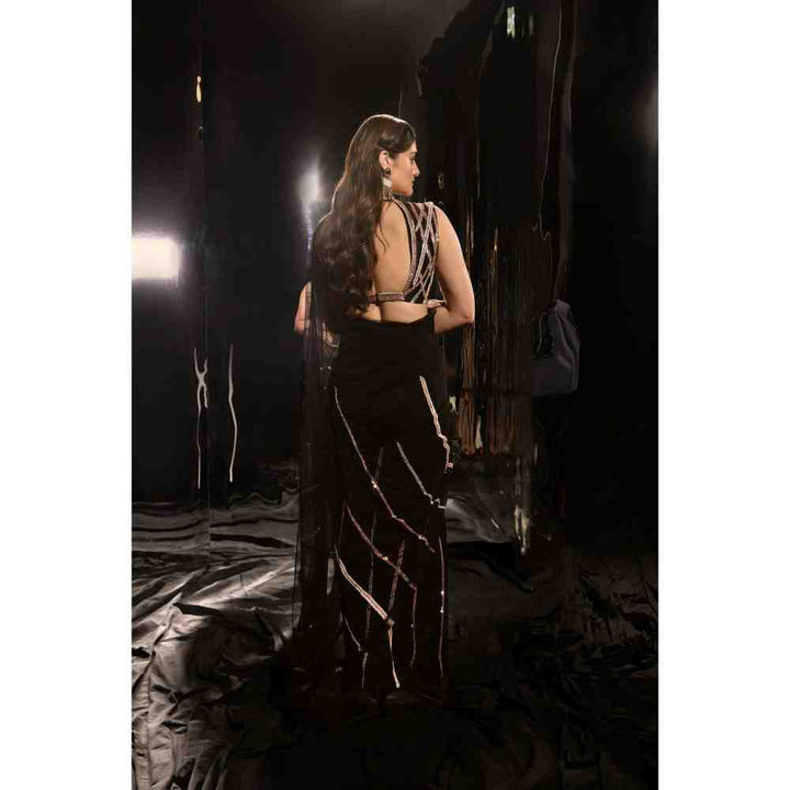 Masumi Mewawalla Black Pre-Draped Embroidered Saree with Sleeveless Blouse (XS)
