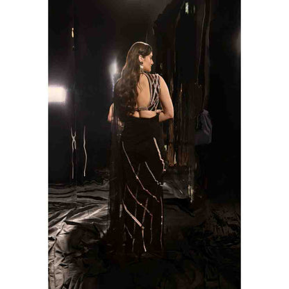 Masumi Mewawalla Black Pre-Draped Embroidered Saree with Sleeveless Blouse