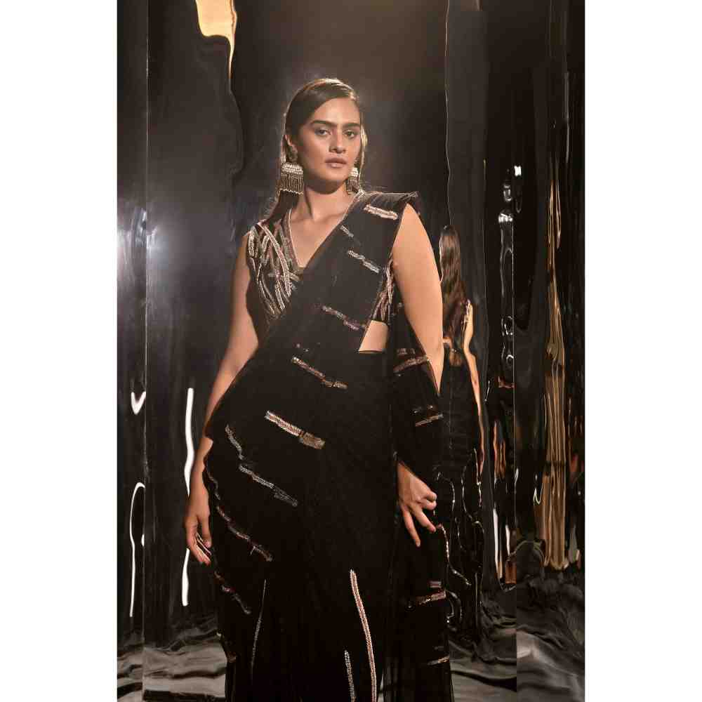 Masumi Mewawalla Black Pre-Draped Embroidered Saree with Sleeveless Blouse