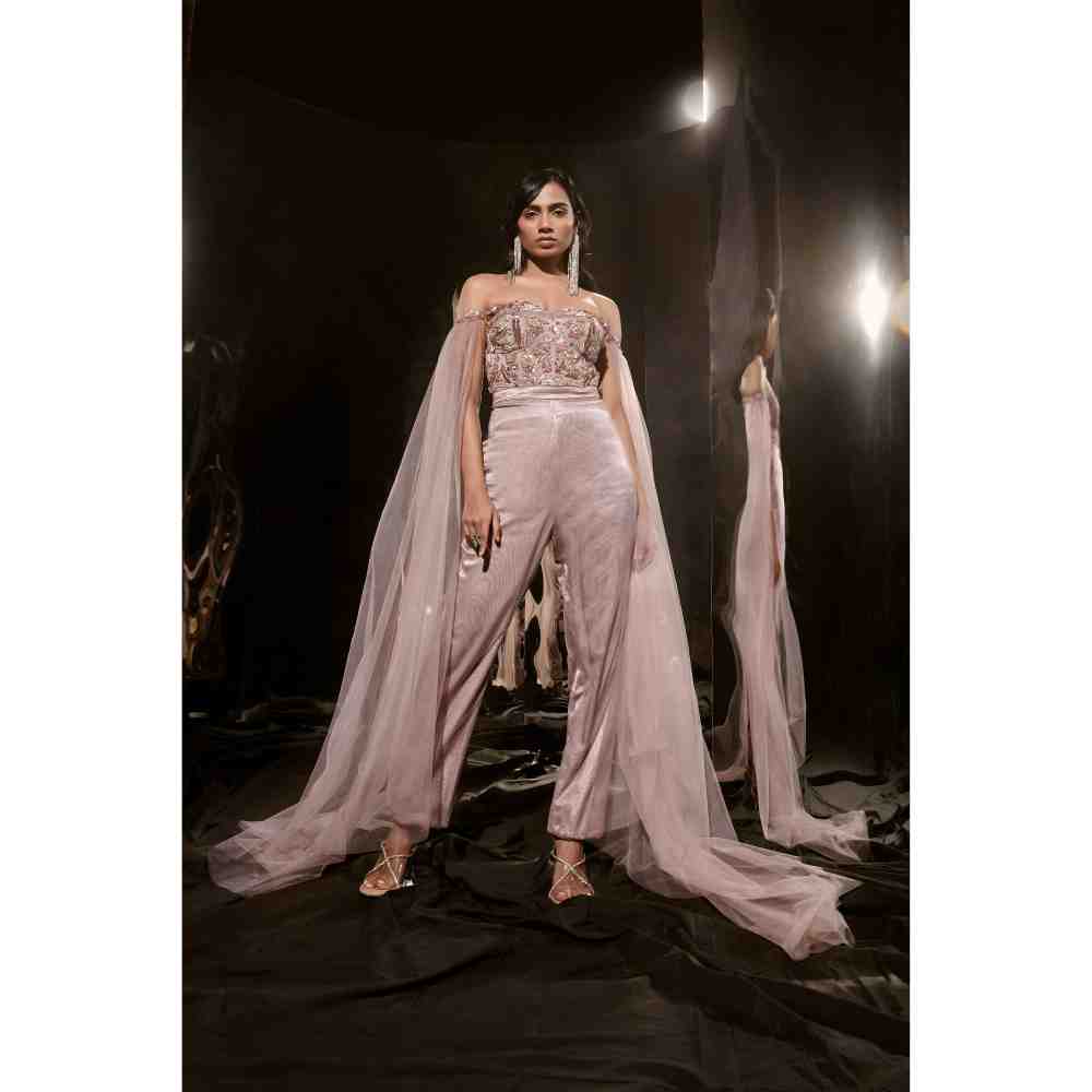 Masumi Mewawalla Brown Embroidered Jumpsuit with Drape