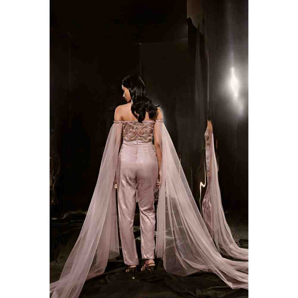 Masumi Mewawalla Brown Embroidered Jumpsuit with Drape