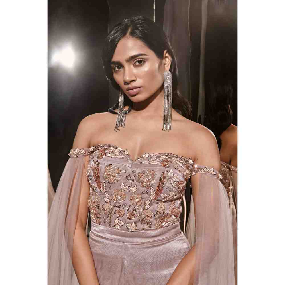 Masumi Mewawalla Brown Embroidered Jumpsuit with Drape