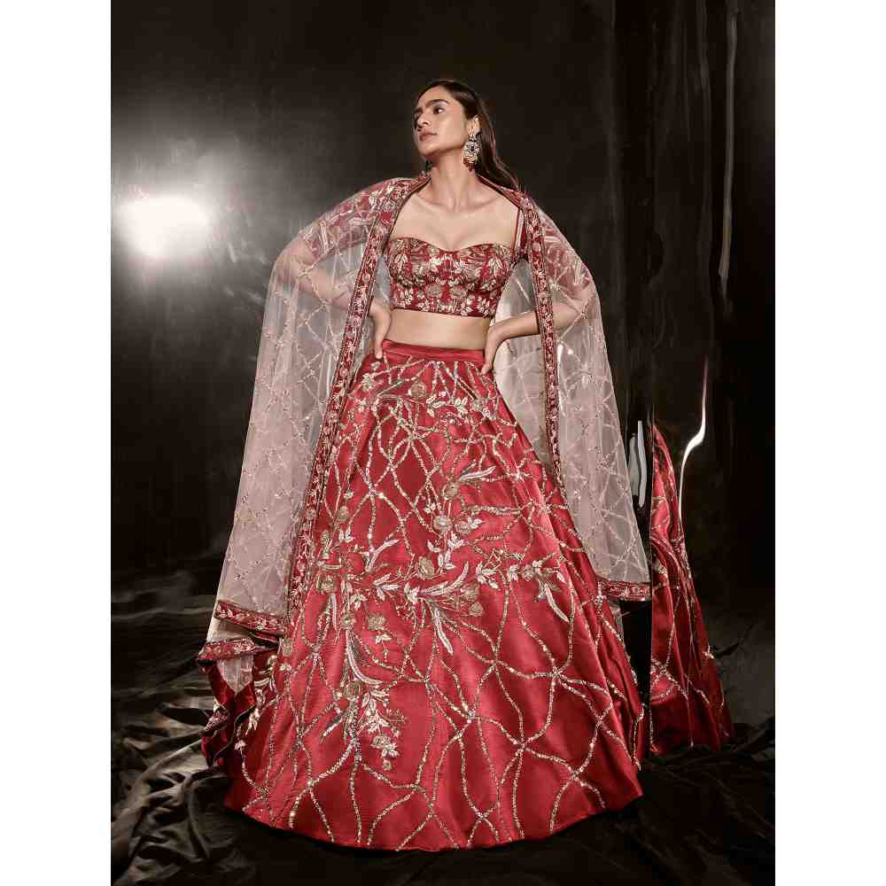Masumi Mewawalla Red Embroidered Lehenga with Blouse (Set of 3)