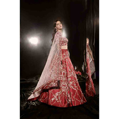 Masumi Mewawalla Red Embroidered Lehenga with Blouse (Set of 3)