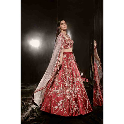Masumi Mewawalla Red Embroidered Lehenga with Blouse (Set of 3)