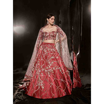 Masumi Mewawalla Red Embroidered Lehenga with Blouse (Set of 3)
