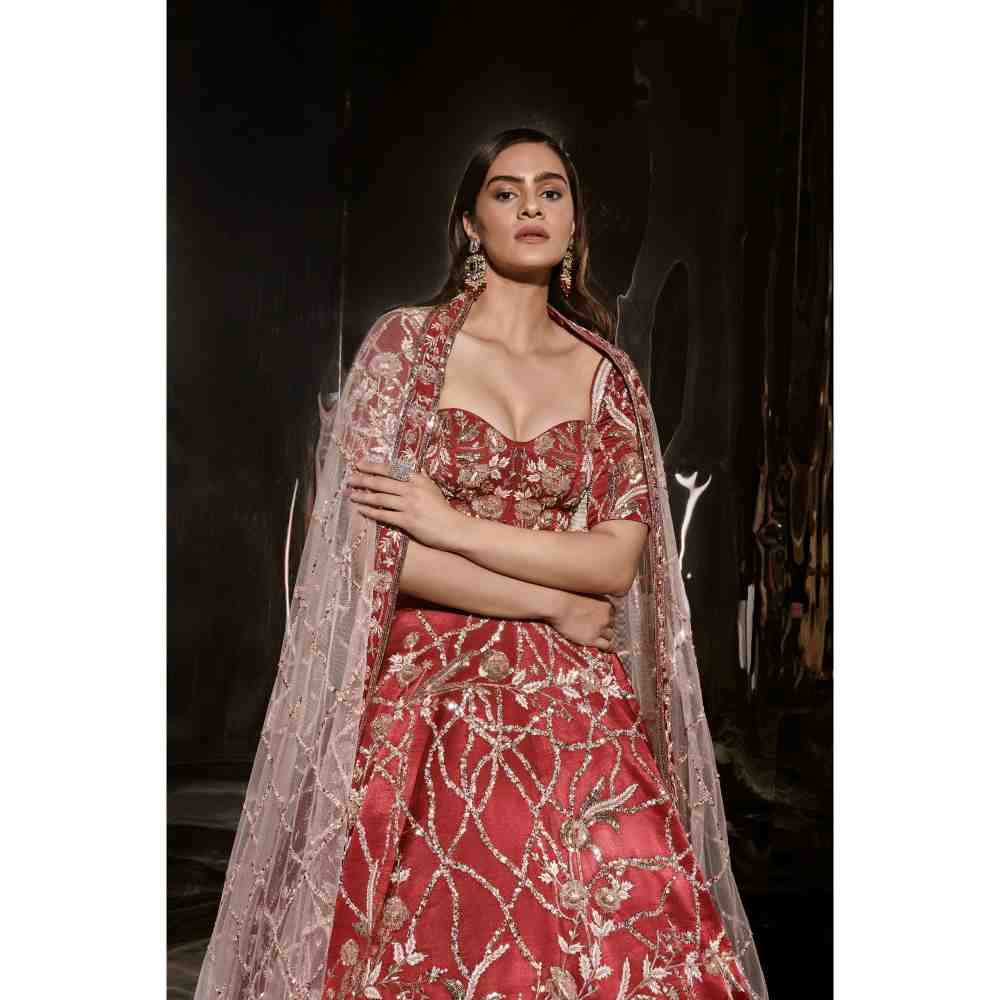 Masumi Mewawalla Red Embroidered Lehenga with Blouse (Set of 3)