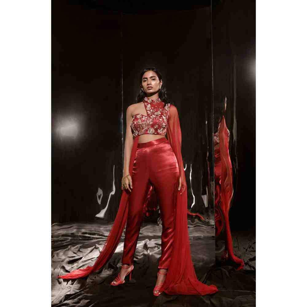 Masumi Mewawalla Red Embroidered Pant and Blouse with Drape (Set of 2) (XS)