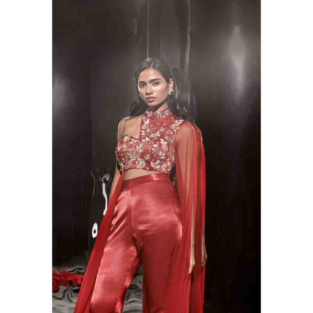 Masumi Mewawalla Red Embroidered Pant and Blouse with Drape (Set of 2)