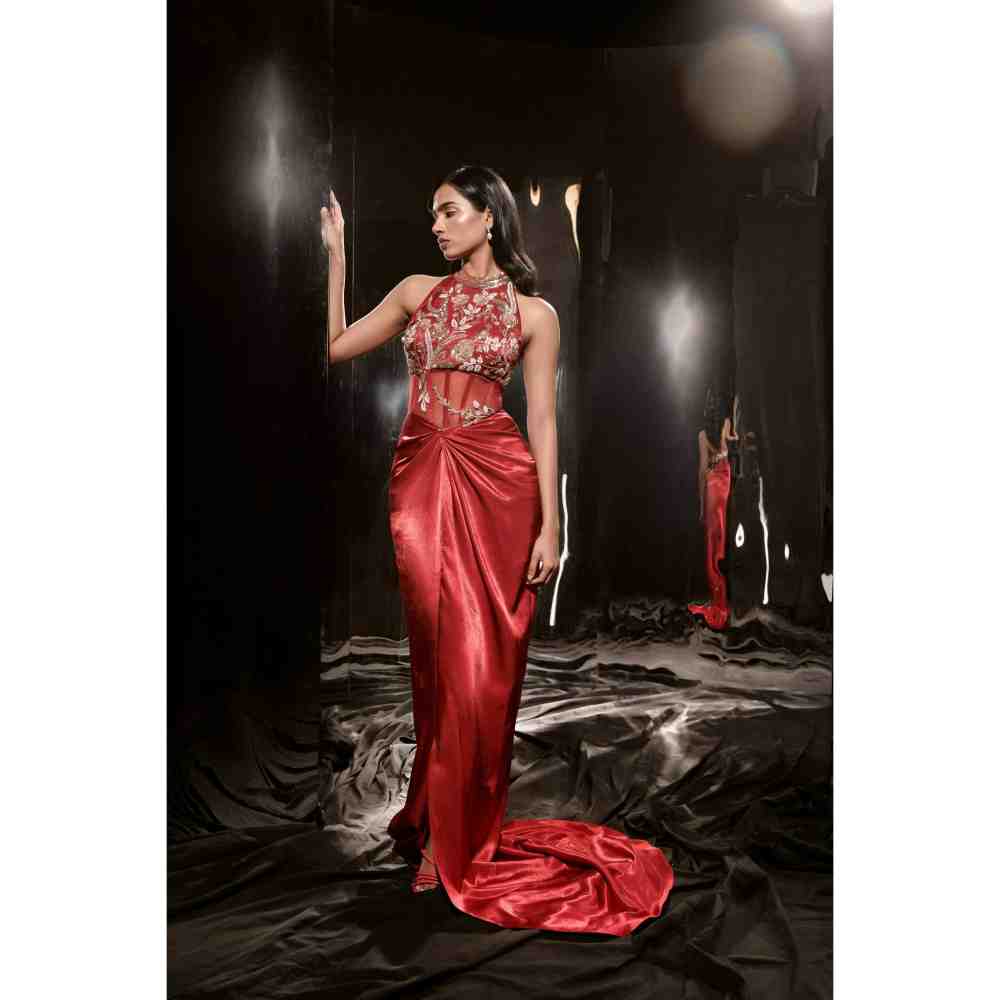 Masumi Mewawalla Red Embroidered Corset Dress