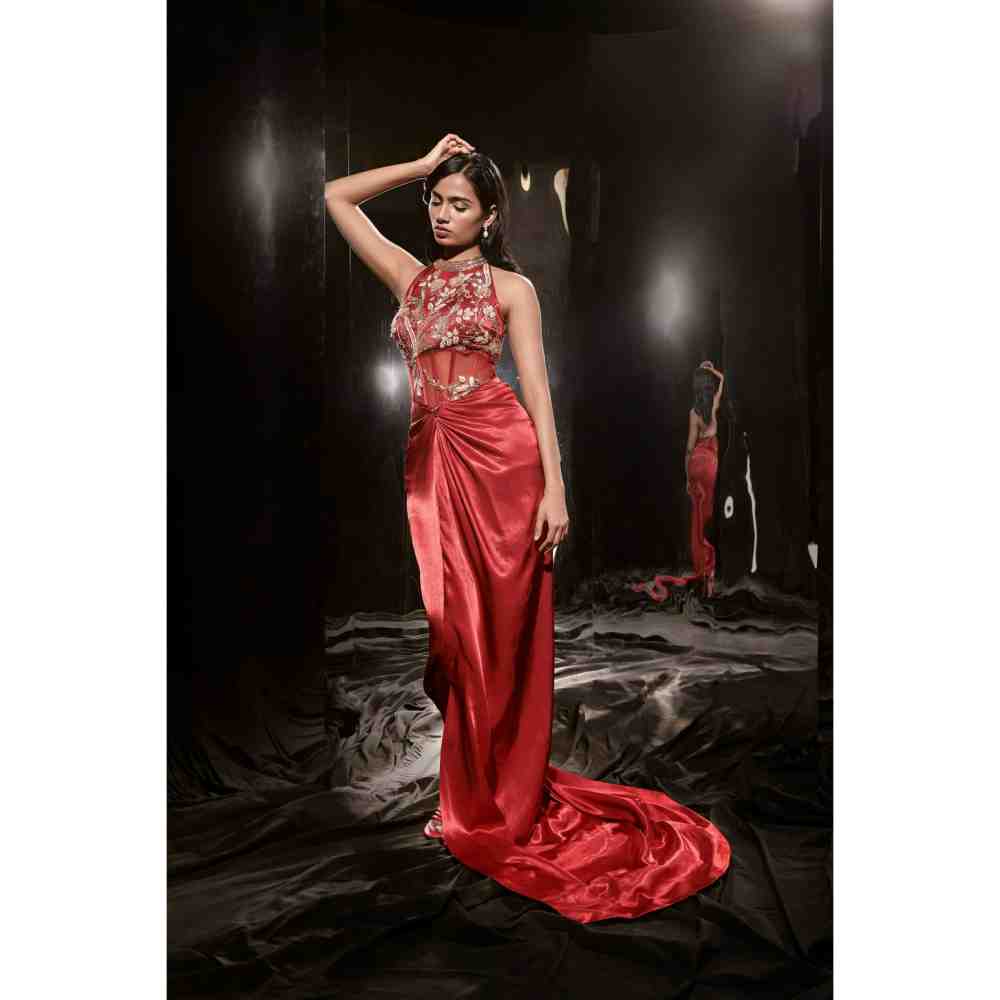 Masumi Mewawalla Red Embroidered Corset Dress