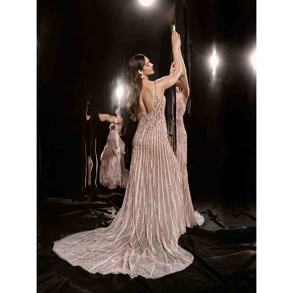 Masumi Mewawalla Silver Embroidered Gown with Trail