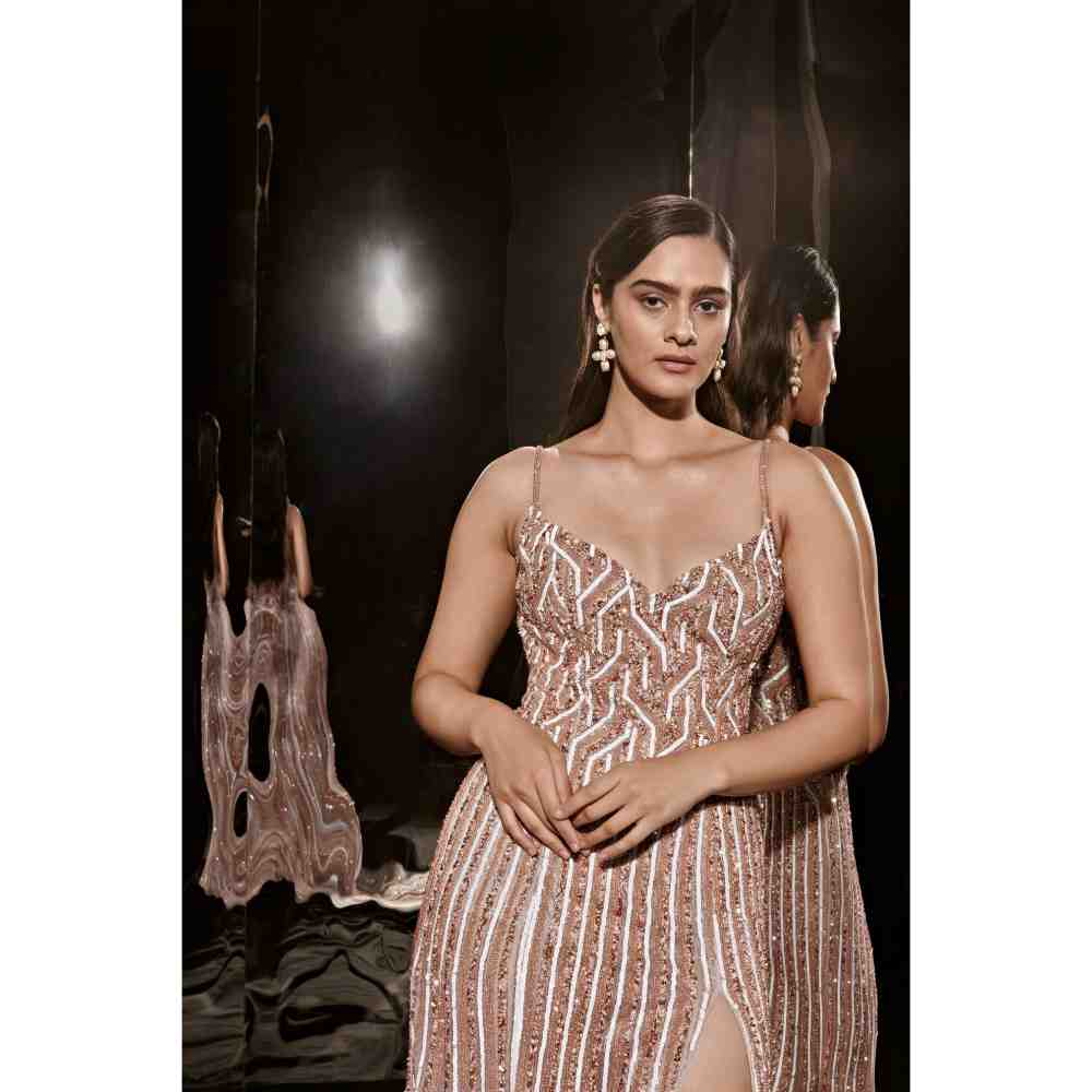 Masumi Mewawalla Silver Embroidered Gown with Trail