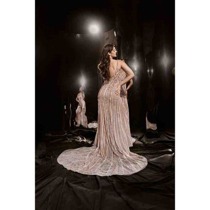 Masumi Mewawalla Silver Embroidered Gown with Trail