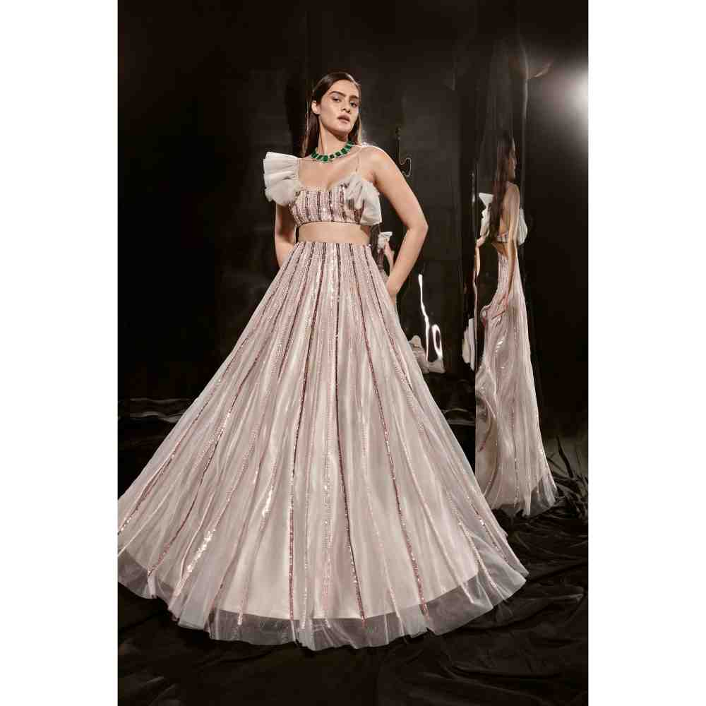 Masumi Mewawalla Silver Embroidered Lehenga with Ruffle Blouse (Set of 2)