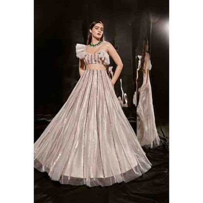 Masumi Mewawalla Silver Embroidered Lehenga with Ruffle Blouse (Set of 2)