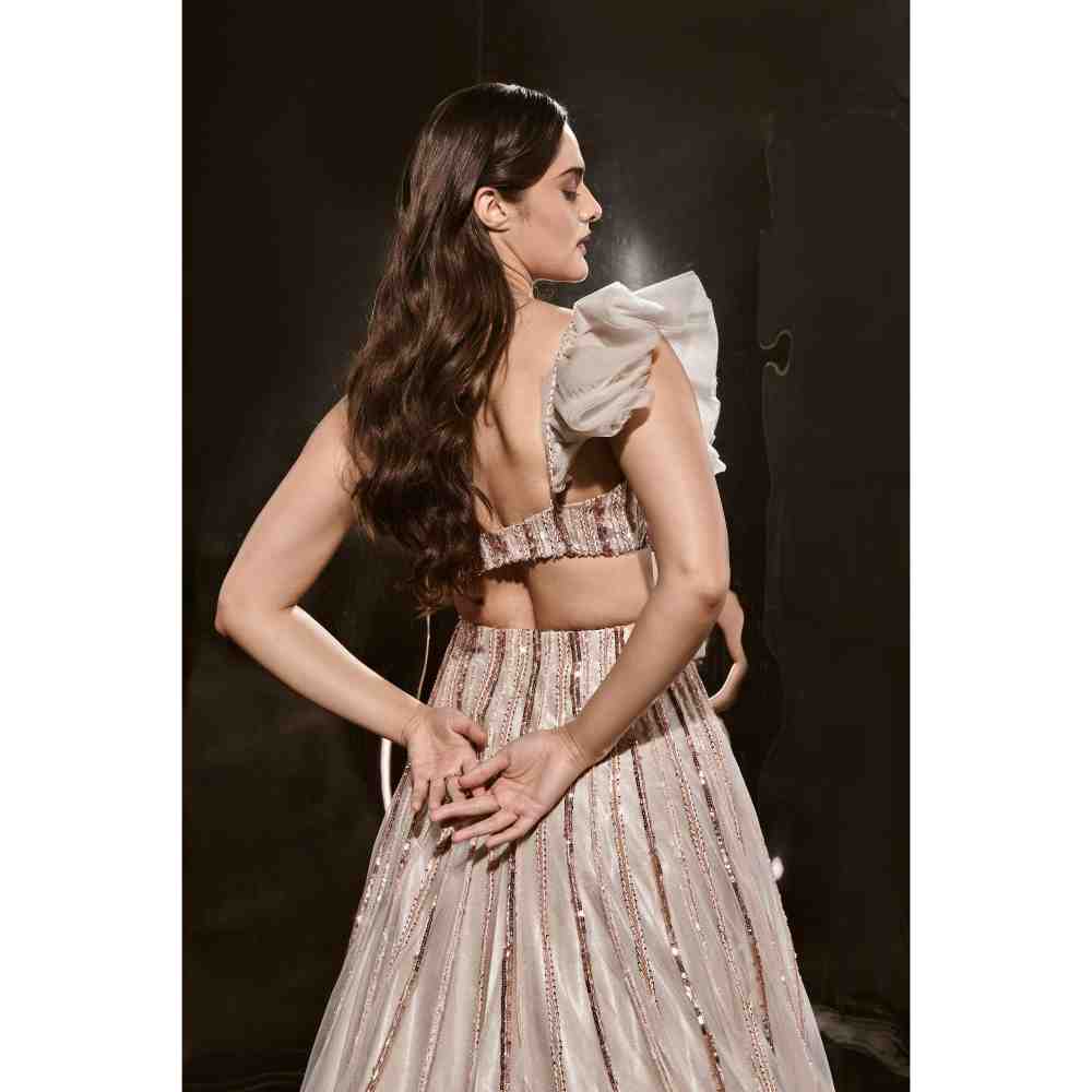 Masumi Mewawalla Silver Embroidered Lehenga with Ruffle Blouse (Set of 2)